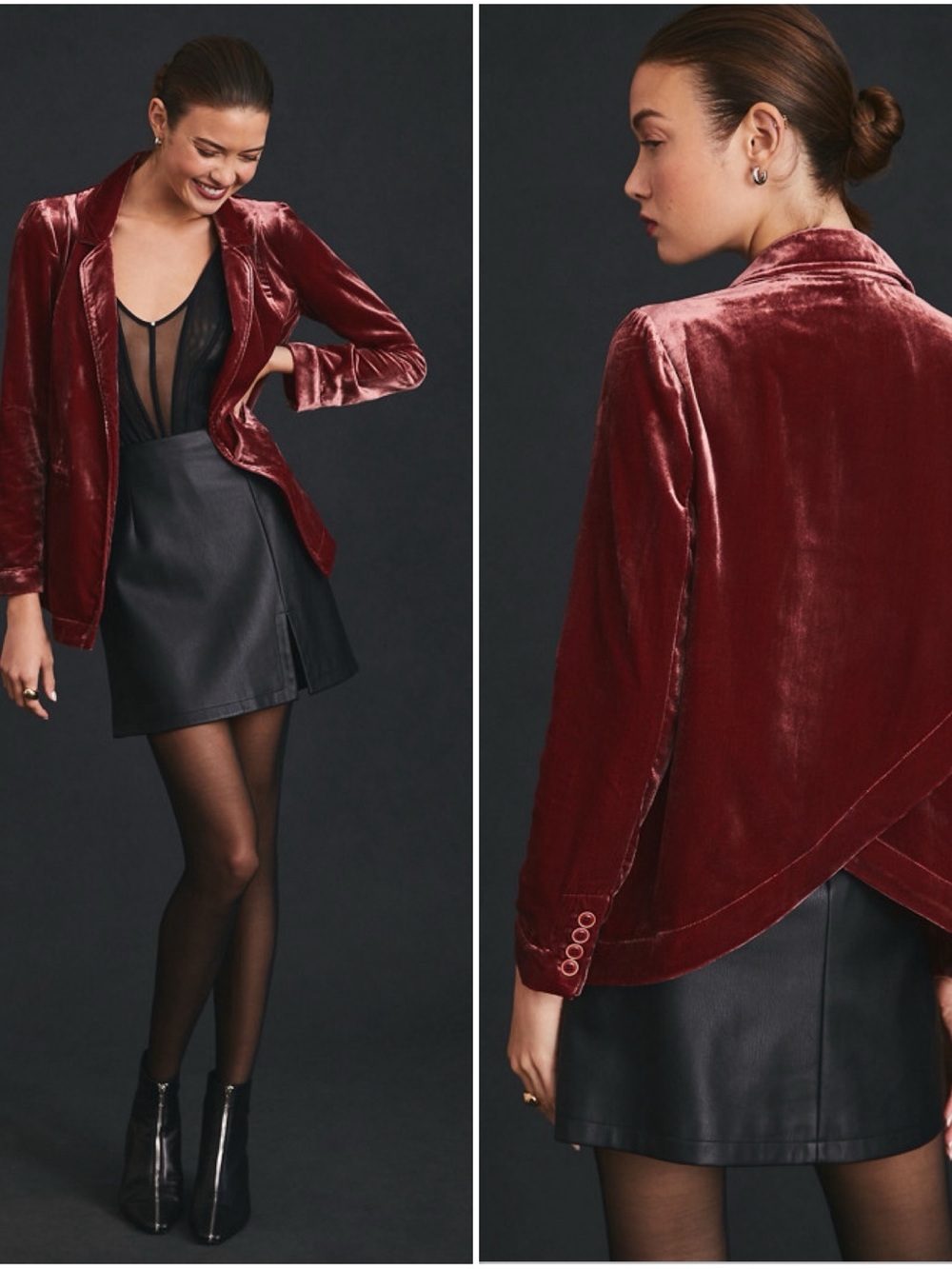 Anthropologie Velvet Criss-Cross Blazer Wine Red L NWT Luxe Plush Open Front‎